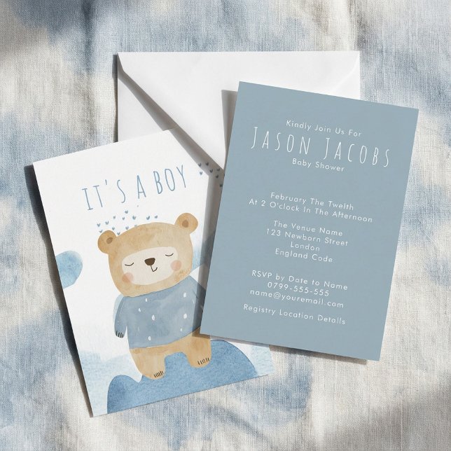 Blue Watercolor sleepy teddy bear Baby Shower  Invitation (Blue Watercolor sleepy teddy bear Baby Shower Invitation.)