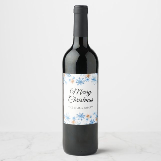 Blue Watercolor Snowflake Christmas Wine Label (Front)