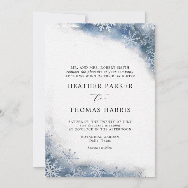 Blue Watercolor Snowflake Elegant Winter Wedding Invitation (Front)