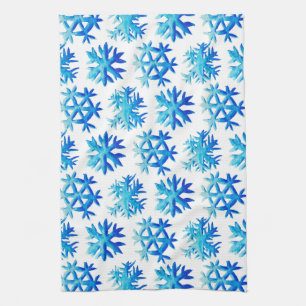 Blue Watercolor Snowflake Pattern Tea Towel