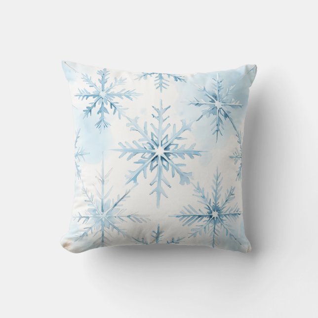 Blue Watercolor Snowflake Pattern Throw Pillow (Front)