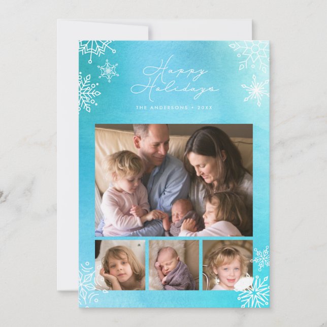 Blue Watercolor Snowflakes Happy Holidays Photo Holiday Card (Front)