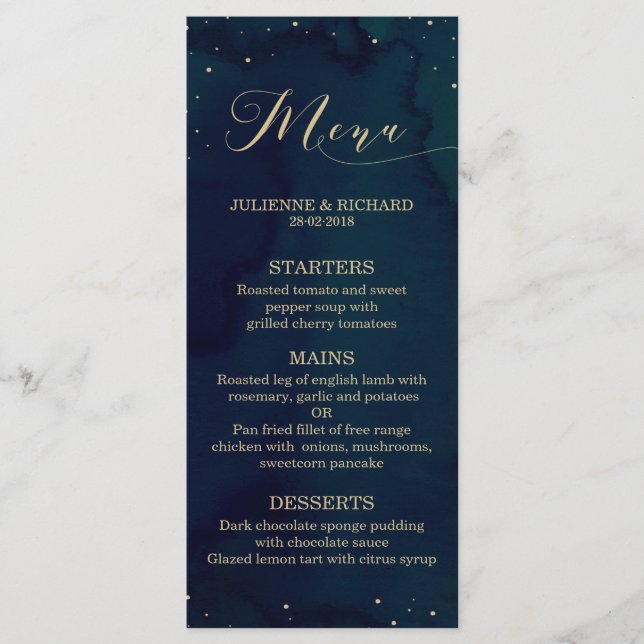Blue Watercolor Snowy Night Winter Wedding Menu (Front)