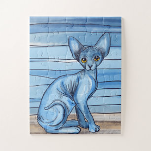 Blue Watercolor Sphynx Cat Jigsaw Puzzle