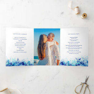 Blue watercolor splash art wreath wedding Tri-Fold Programme
