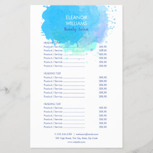 Blue Watercolor Splash Salon Service Menu