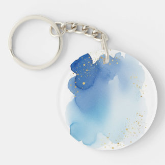 Blue Watercolor Splash with Gold Glitter Dots Key Ring