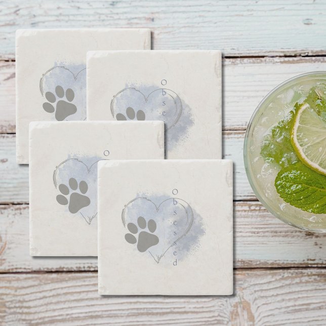 Blue Watercolor Splotch Paw Heart Stone Coaster (Stone dog obsessed coasters can be customized. Protect your tables in style with a set of four. )