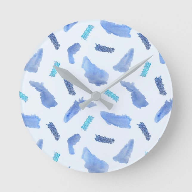Blue Watercolor Spots Medium Round Wall Clock (Front)