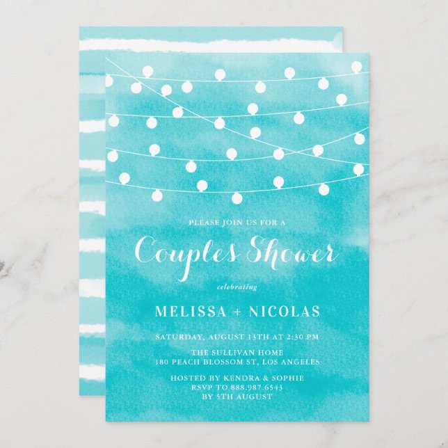 Blue Watercolor | String Lights Couples Shower Invitation (Front/Back)