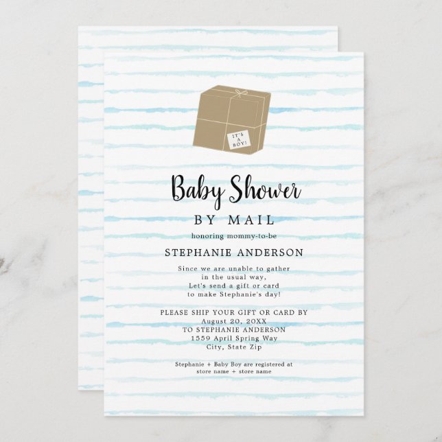 Blue Watercolor Stripes Boy Baby Shower by mail Invitation (Front/Back)