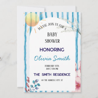 Blue Watercolor Stripes Coastal Boho Baby Shower Invitation