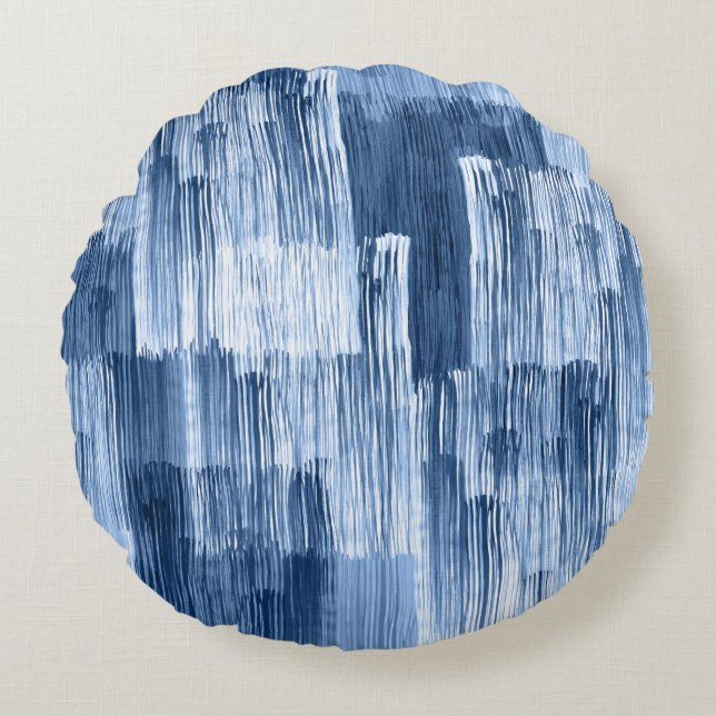 Blue Watercolor Stripes: Geometric Pattern Round Cushion (Front)
