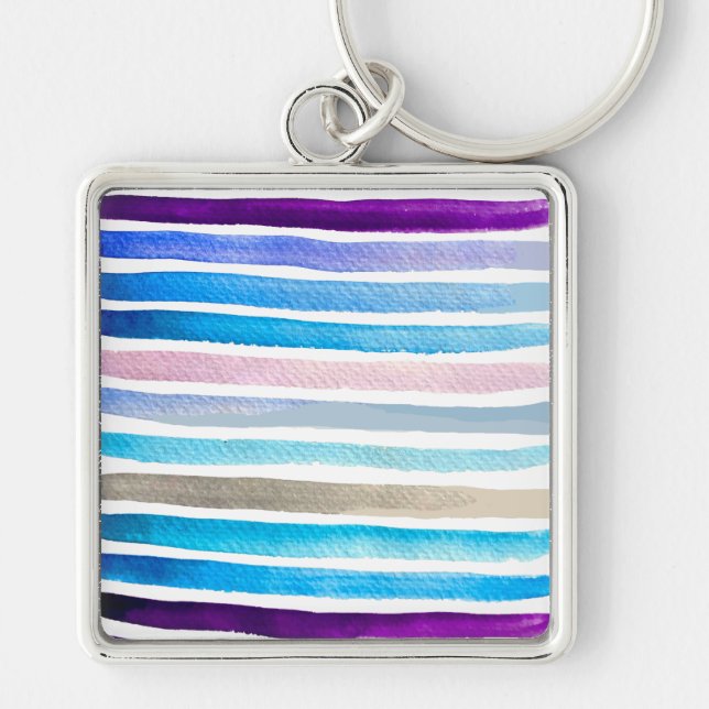 Blue watercolor stripes hand painted key ring (Front)