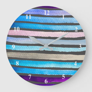 Blue watercolor stripes hand painted large clock