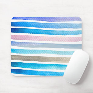 Blue watercolor stripes hand painted mouse pad