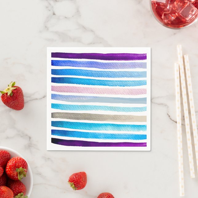 Blue watercolor stripes hand painted napkin (Insitu)