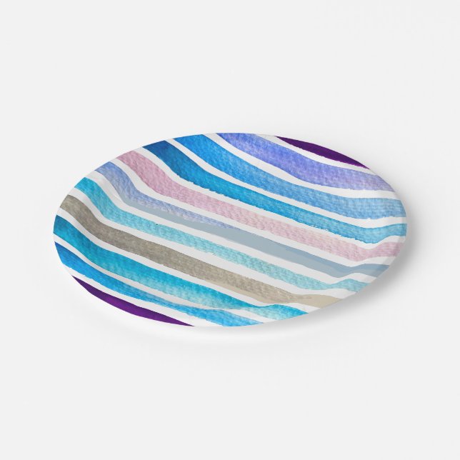 Blue watercolor stripes hand painted paper plate (Angled)