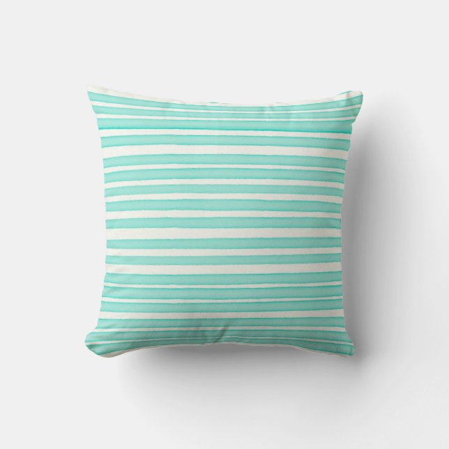 Blue watercolor stripes on white cushion (Front)