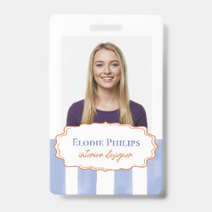 Blue Watercolor Stripes Wavy Frame Add Name ID Badge