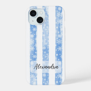 Blue Watercolor Stripes with White Snowflakes iPhone 15 Case