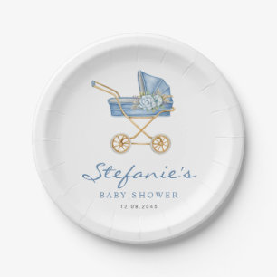 Blue Watercolor Stroller It's a Boy Baby Shower Paper Plate