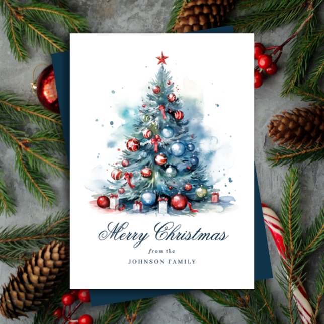 Blue Watercolor Style Christmas Tree Holiday Card (Creator Uploaded)