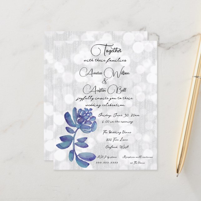 Blue Watercolor Succulent  Minimalist  (Front/Back In Situ)