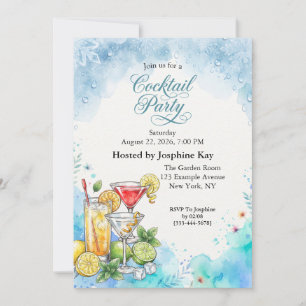 Blue Watercolor Summer Cocktail Party Invitation