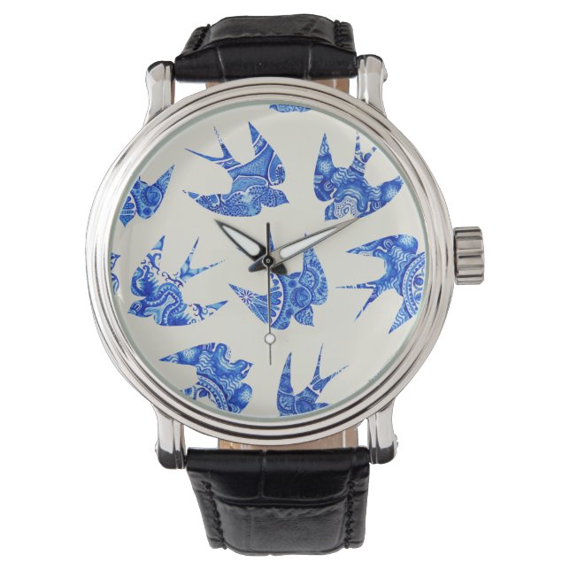 Blue Watercolor Swallow Bird Pattern Watch (Front)