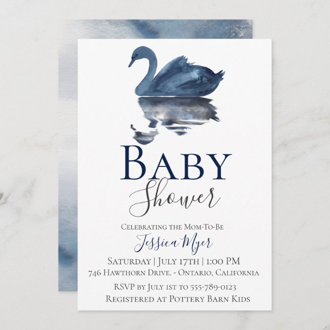 Blue Watercolor Swan Baby Shower Invitation (Front/Back)