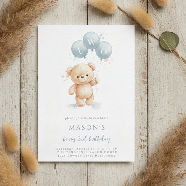 Blue Watercolor Teddy Bear 2nd Birthday Invitation (Creator Uploaded)