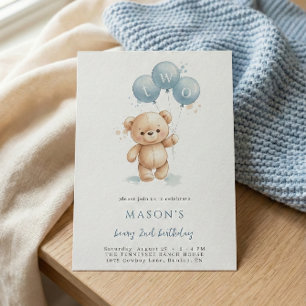 Blue Watercolor Teddy Bear 2nd Birthday Invitation