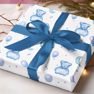 Blue Watercolor Teddy Bear Balloon Baby Boy Wrapping Paper