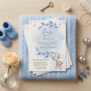 Blue Watercolor Teddy Bear Balloons Baby Shower Invitation
