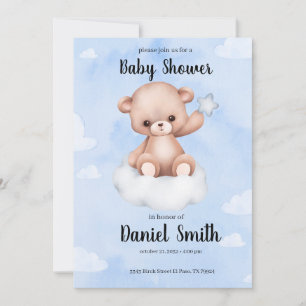 Blue Watercolor Teddy Bear for Baby Shower Invitation