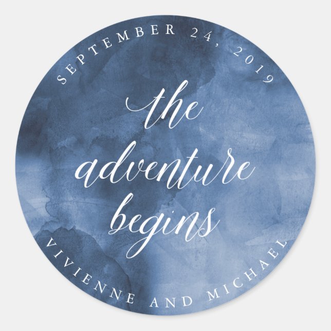 Blue Watercolor | The Adventure Begins Wedding Classic Round Sticker (Front)