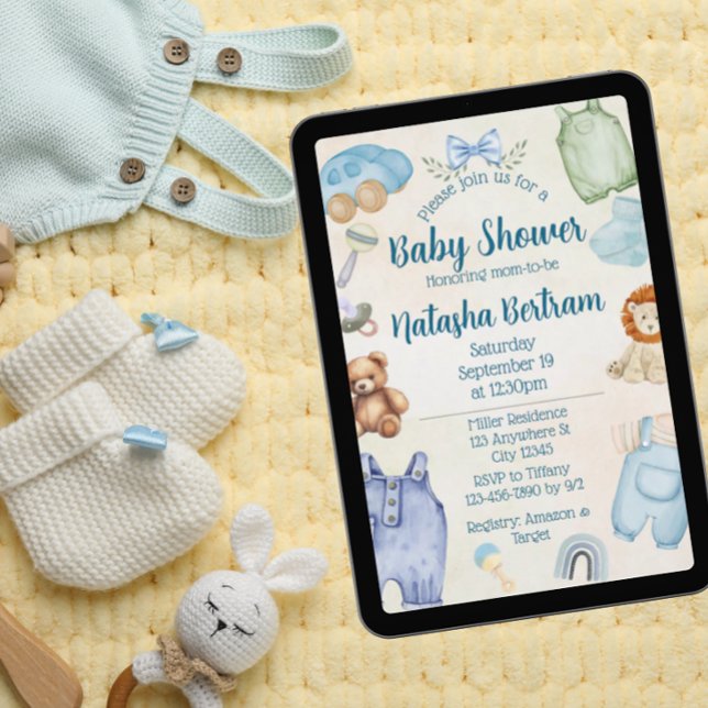 Blue Watercolor Toys & Clothes Baby Shower Invitation (Creator Uploaded)