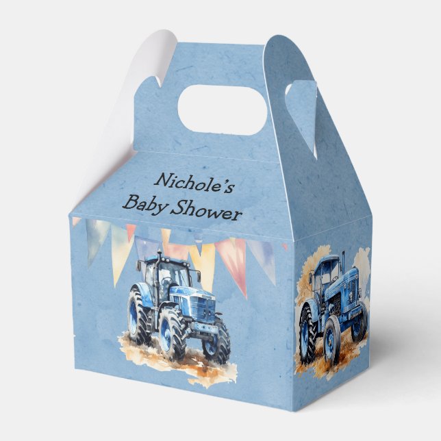 Blue Watercolor Tractor Boy Baby Shower Favour Box (Front Side)