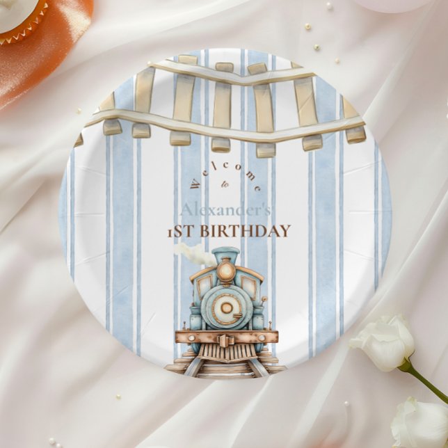 Blue Watercolor Train 1st Birthday  Paper Plate (Creator Uploaded)