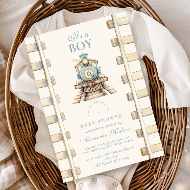Blue Watercolor Train Baby Shower Invitation (Creator Uploaded)