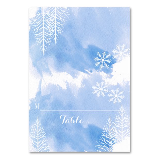 Blue watercolor & trees winter wedding place card (Front)