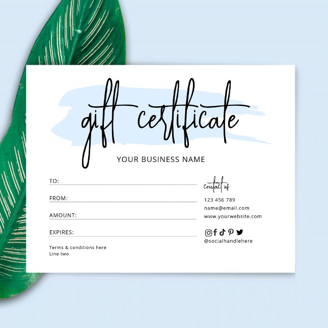 Blue Watercolor Trendy Business Gift Certificate Card (Light blue gift voucher with editable watercolor background, great for salons and boutiques)