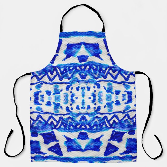 Blue watercolor tribal ethnic seamless pattern apron (Front)