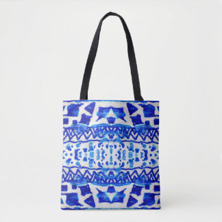 Blue watercolor tribal ethnic seamless pattern tote bag