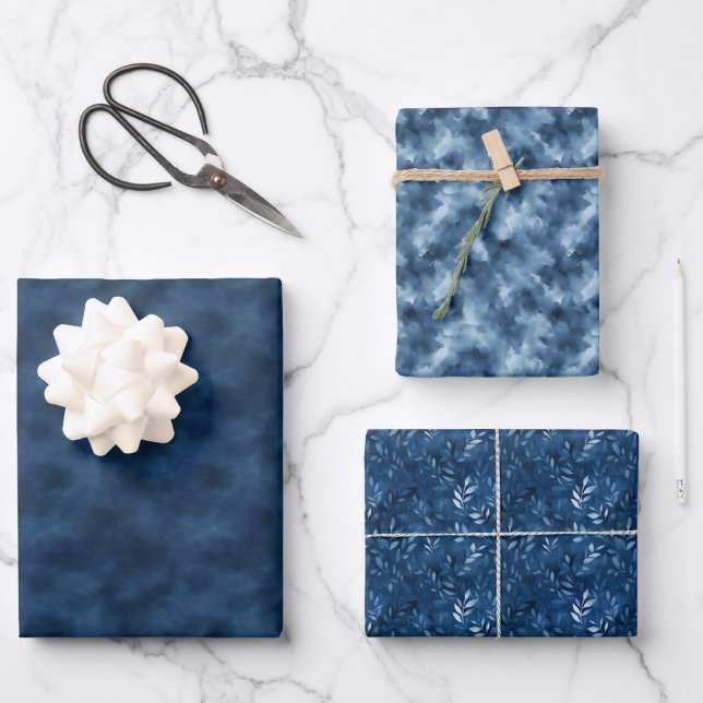 Blue Watercolor Trio Wrapping Paper Sheet (Front)