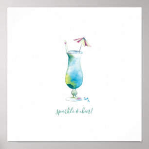 Blue Watercolor Tropical Bar Art Poster