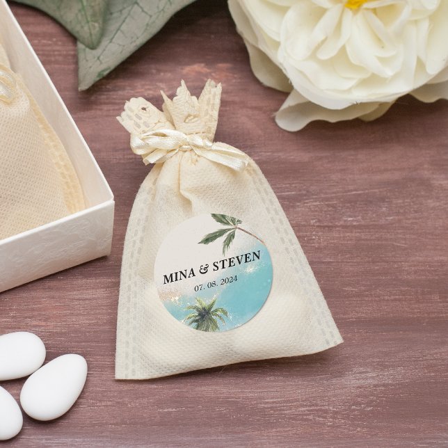 Blue watercolor tropical beach gold wedding classic round sticker (Creator Uploaded)