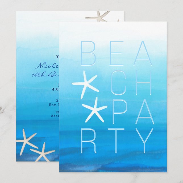 Blue Watercolor Tropical Modern Beach Party Invitation (Front/Back)