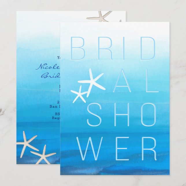 Blue Watercolor Tropical Modern BRIDAL SHOWER Invitation (Front/Back)